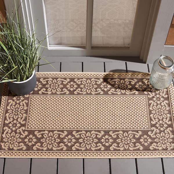 Courtyard Cream/Light Chocolate 2 ft. x 4 ft. Solid Color Floral Border Indoor/Outdoor Area Rug