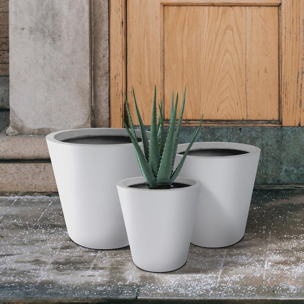 Large, Medium, Small Round Pure White Lightweight Concrete and Weather Resistant Fiberglass Planters (Set of 3)