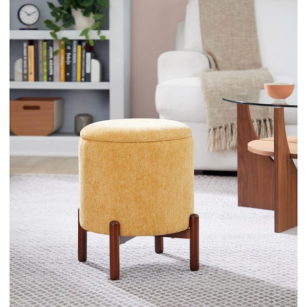 Daniella Yellow Fabric and Walnut Wood Storage Ottoman