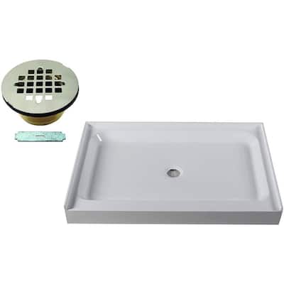 48 in. x 36 in. Single Threshold Alcove Shower Pan Base with Center Brass Drain in Satin Nickel