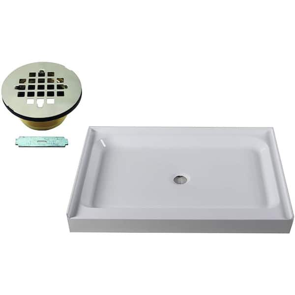 Westbrass 48 in. x 36 in. Single Threshold Alcove Shower Pan Base with Center Brass Drain in Satin Nickel