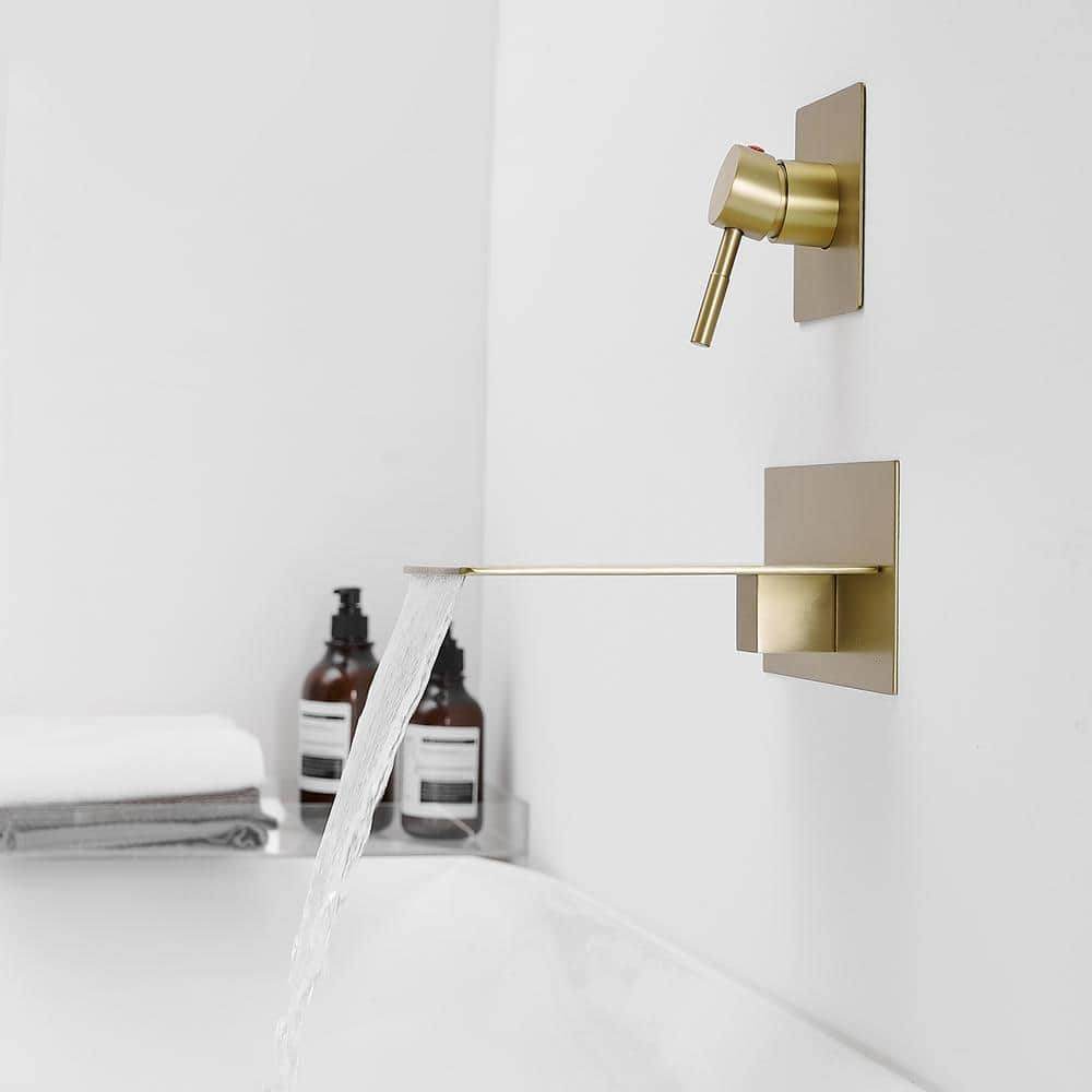 Brushed Gold Wall-Mount Waterfall Bathtub Faucet with Lever Handle