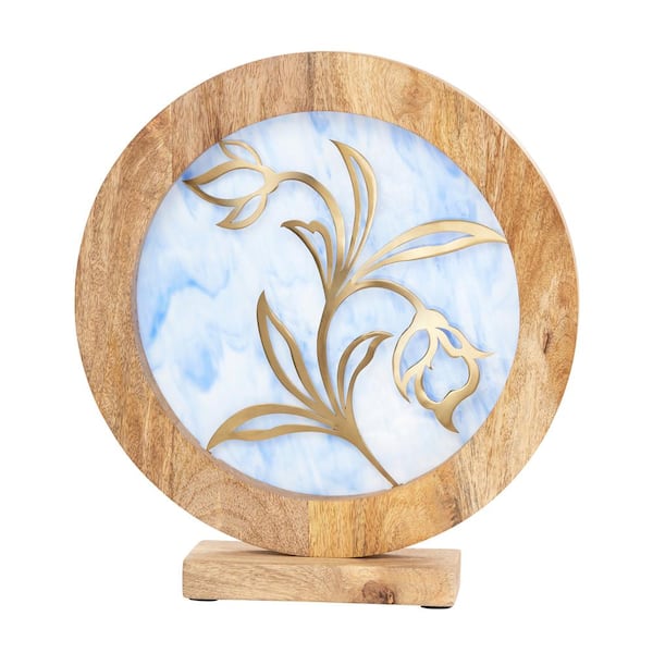 River of Goods Flowering Elegance Stained Glass Panel with Mango Wood Frame in Light Blue and Gold