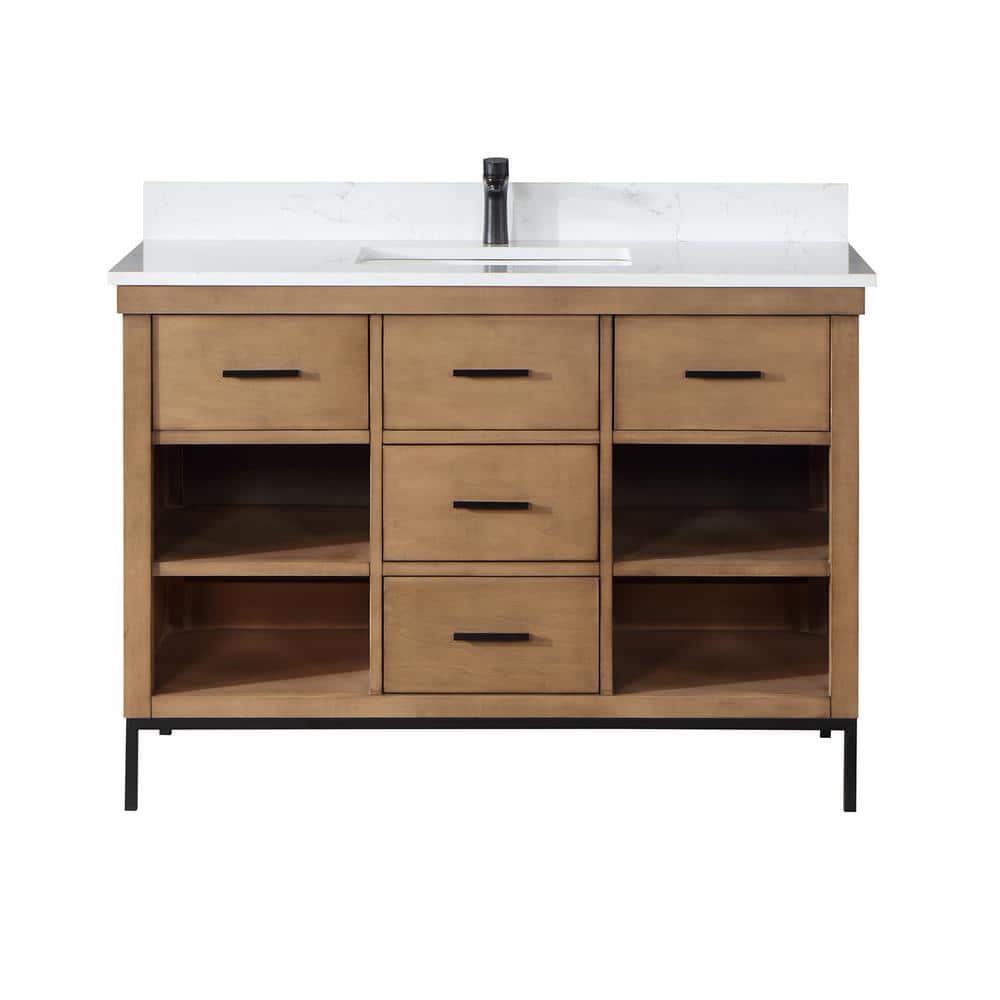 Kesia 48" Brown Pine Single Bathroom Vanity with White Stone Countertop