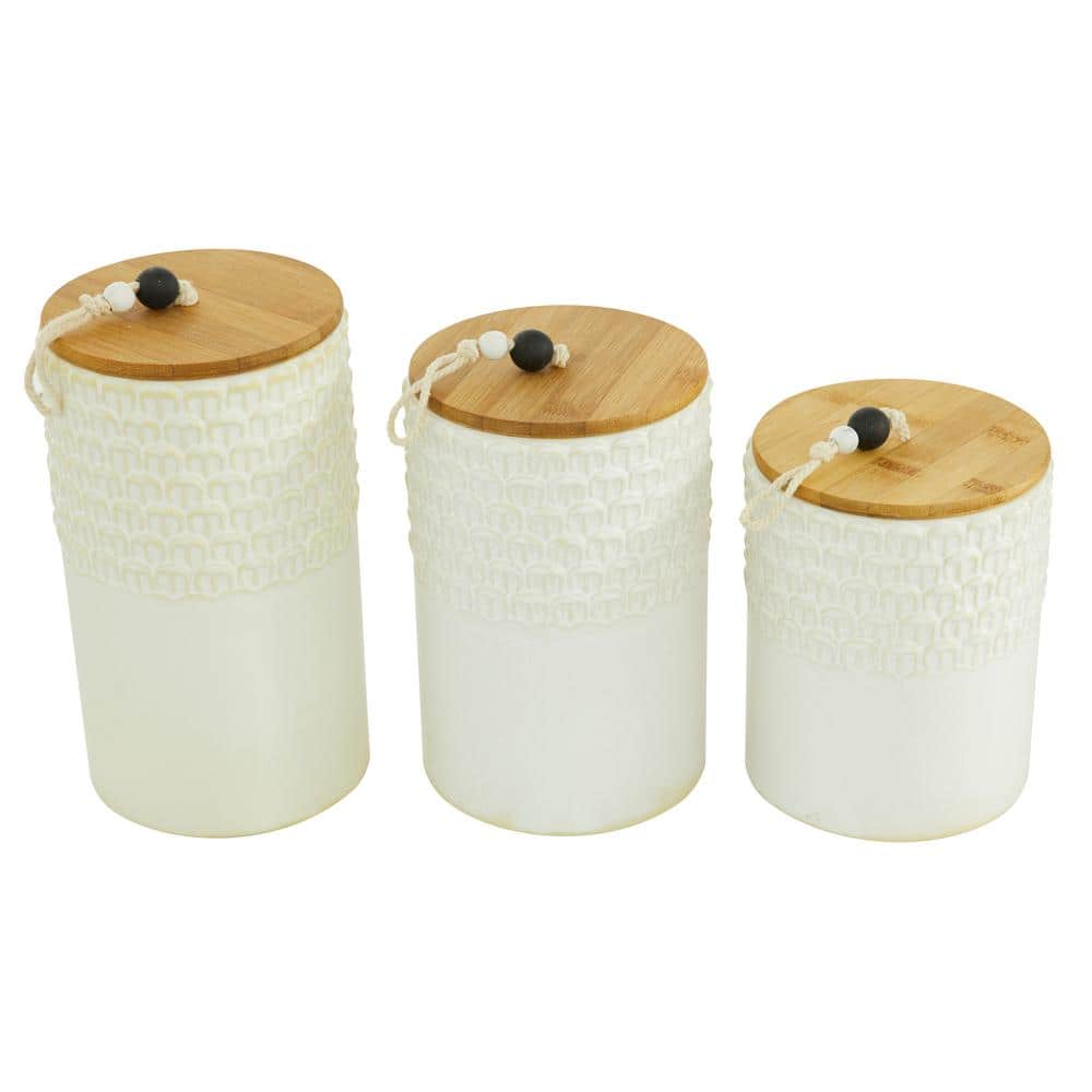 Charming White Ceramic Decorative Jar Trio with Wooden Lids