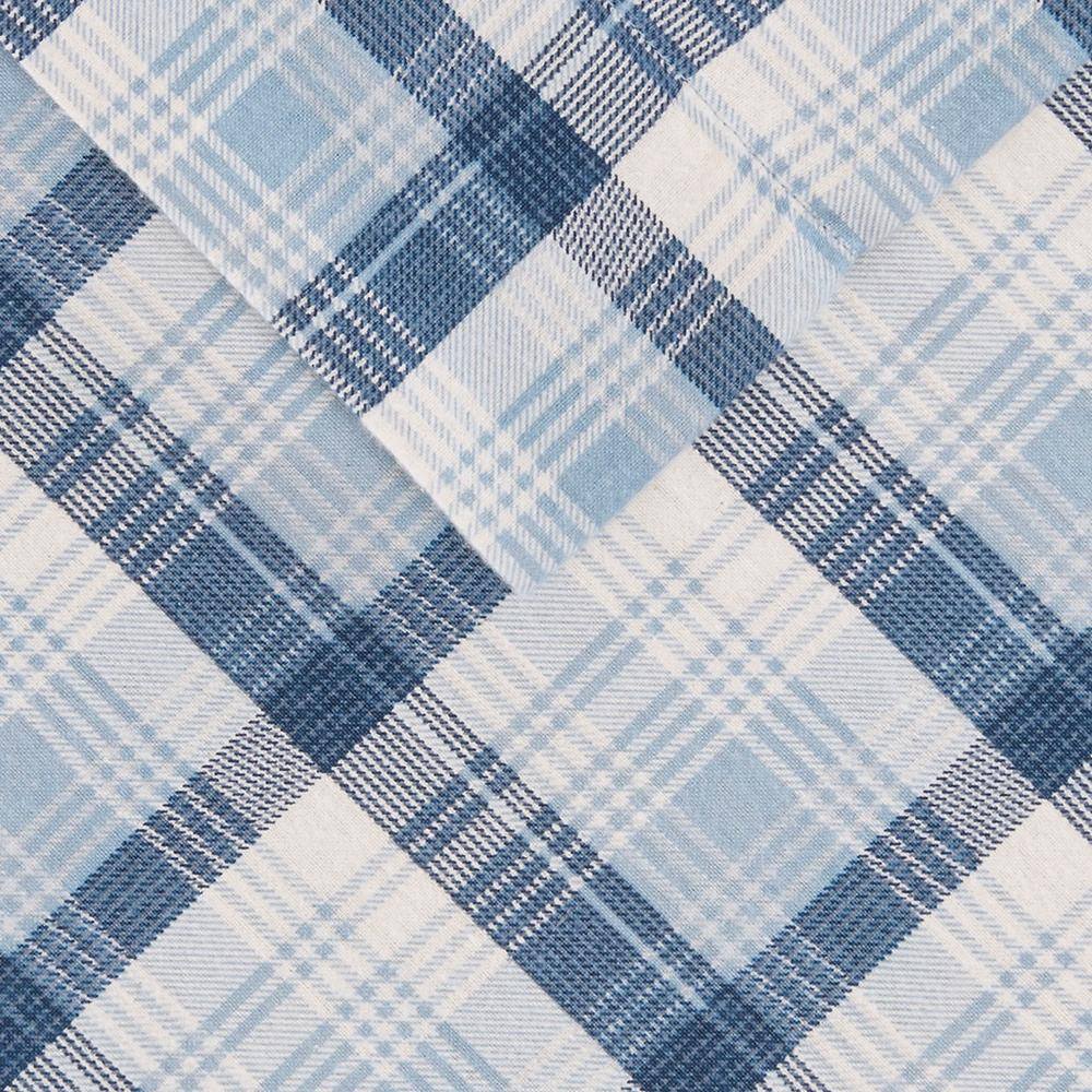 Queen Blue Plaid Cotton Flannel Sheet Set