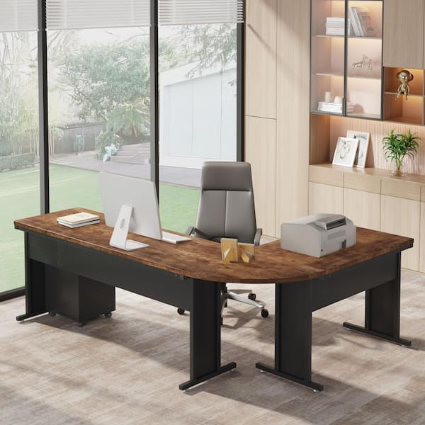 Capen 83 in. L-Shaped Retro Brown Wood 3-Drawer Executive Desk Computer Desk Work Desk with File Cabinet