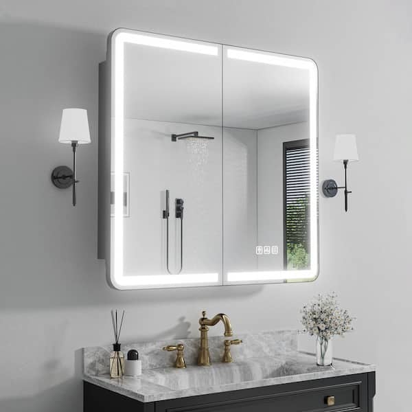 32 in. W x 30 in. H Rectangular 3-Color Dynamic Flow Lighting Surface/Recessed Medicine Cabinet with Mirror
