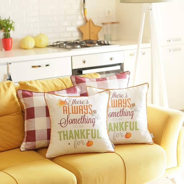 Mike & Co. New York Fall Season Decorative Throw Pillow Plaid & Quote 18 in. x 18 in. Yellow & Orange Square Thanksgiving for Couch Set of 4, White/
