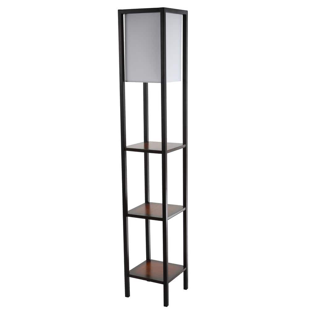 Cherry and Black Rectangle Shelf Floor Lamp with Off-White Shade