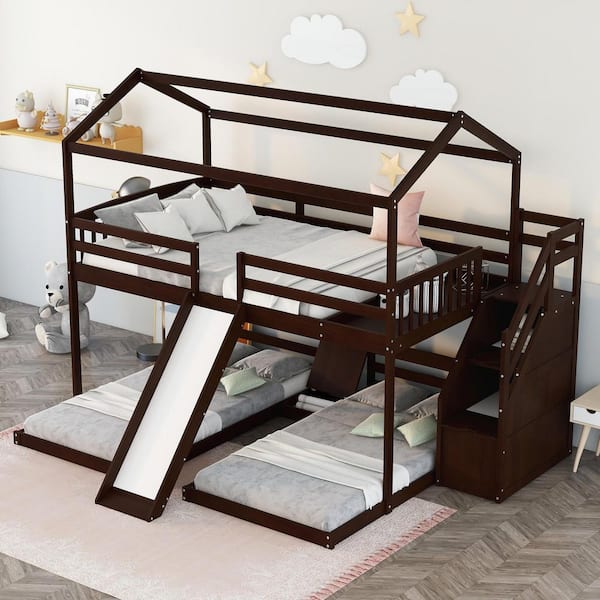 Harper & Bright Designs Built-in Drawer Espresso Full Over Twin and Twin Wood House Bunk Bed with Slide and Storage Staircase