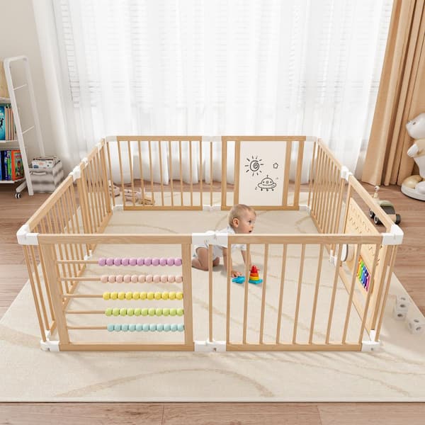 Foldable Wooden Baby Playpen Activity Center Portable Play Yard for Toddler 24 in. H Fence Play Area Custom Wood Gate