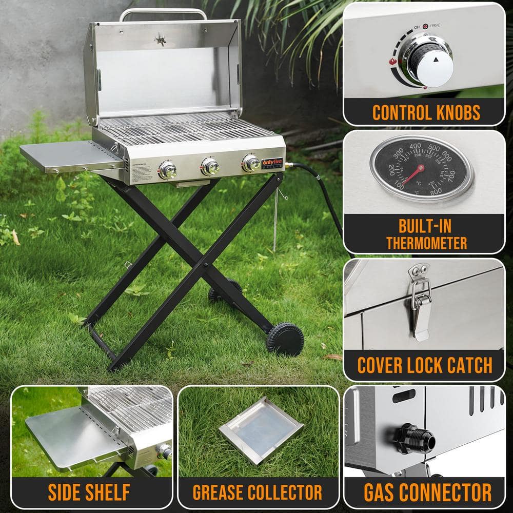 Compact Stainless Steel 3-Burner Propane Gas Grill with Foldable Cart