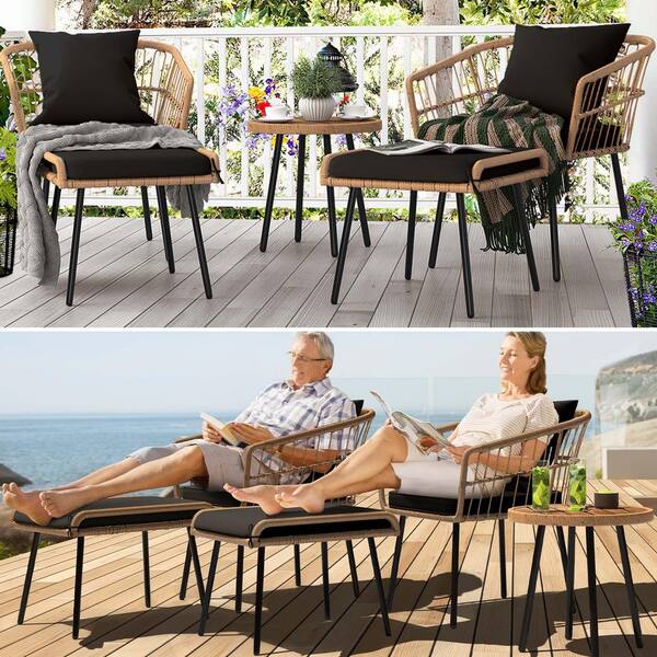 DEXTRUS 5 Piece Wicker Patio Outdoor Bistro Conversation Set All Weather with Footrest Ottomans Coffee Table Black Cushions FTPLPBHD 01IKBV