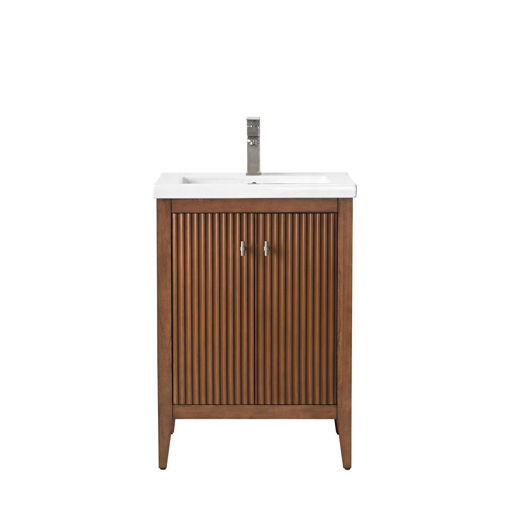 Walnut and White Ceramic Single Sink Bathroom Vanity Cabinet