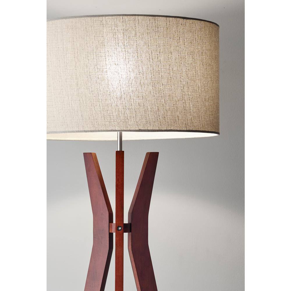 Walnut Finish Tripod Floor Lamp with Linen Shade and Shelf