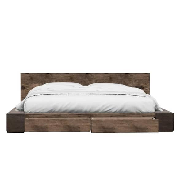 Benjara Brown Wooden Frame Queen Platform Bed with 2 Drawers