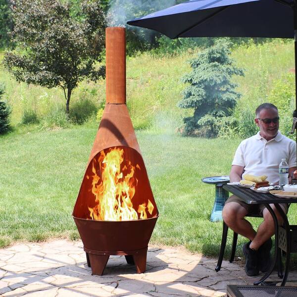 Giantex Wood Burning Chiminea - 43.5" Heavy Duty Fire Pit With Rain Cap & Fire Poker