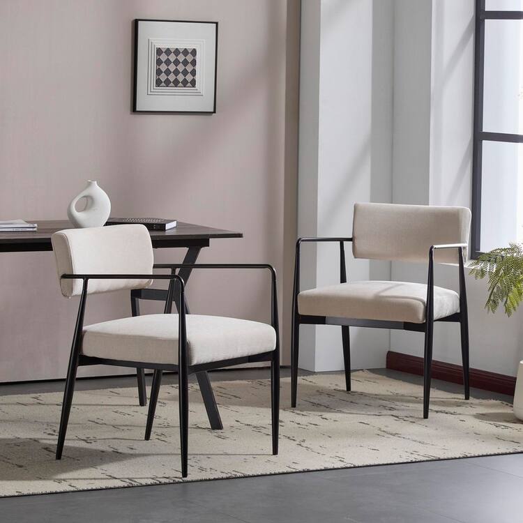 CHRISTOPHER KNIGHT HOME Donovan Modern Fabric Upholstered Dining Chair, Armrests, Iron, Beige Plus Black, Set of 2