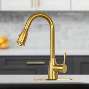 One-Handle Brushed Gold Pull Down Kitchen Faucet with Deck Plate - 5 Years Warranty
