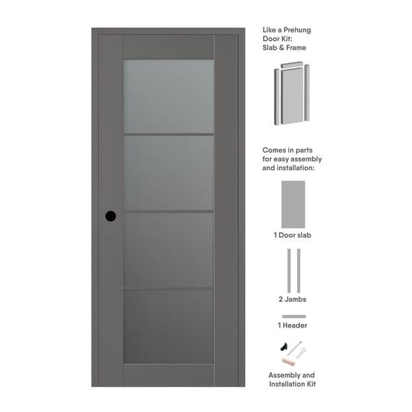 Belldinni Vona 30 in. x 84 in. Right-Handed 4-Lite Frosted Glass Gray Matte Composite DIY-Friendly Single Prehung Interior Door