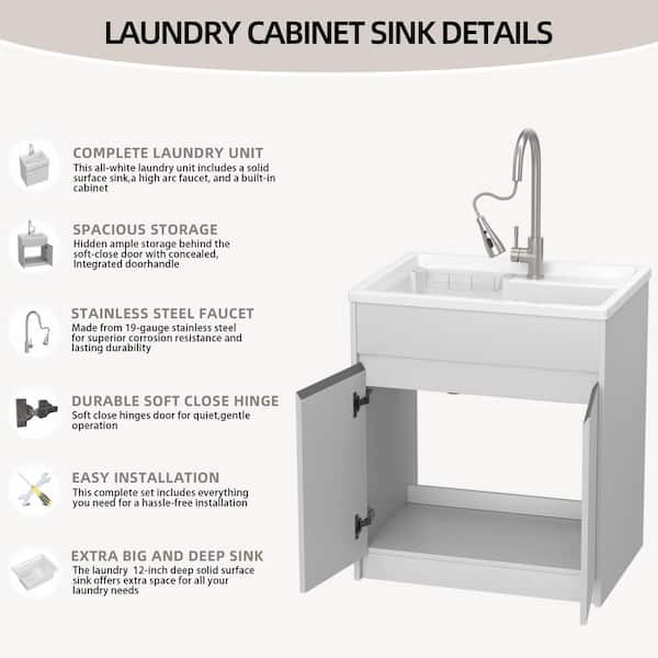NTQ 30 in. Solid Surface Laundry/Utility Sink & Cabinet with Stainless Steel Faucet