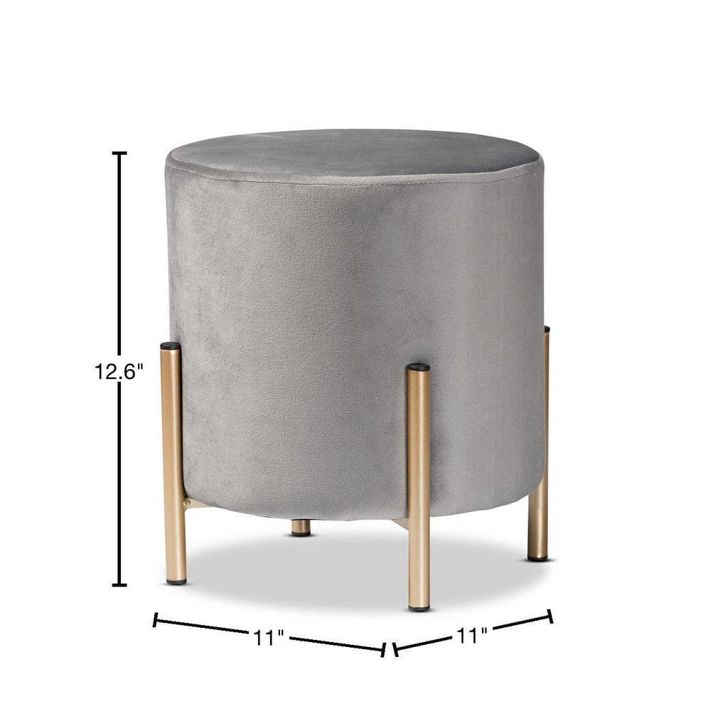 Luxe Grey Velvet and Gold Metal Round Ottoman