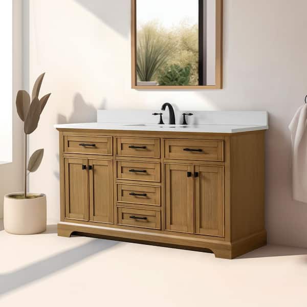 Milano 60 in Single Sink Oak Bath Vanity with White QuartzTop (Assembled)