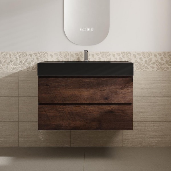Aaby 36 in. W x 18 in. D x 25 in . H Wall Mounted Floating Bath Vanity Cabinet in Brown with Black Solid Surface Top
