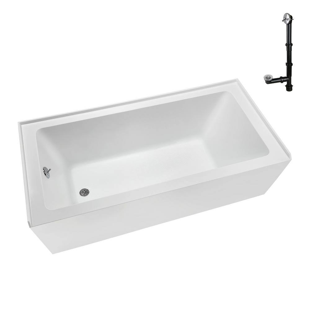 60-Inch Glossy White Acrylic Rectangular Alcove Bathtub with Polished Chrome Drain