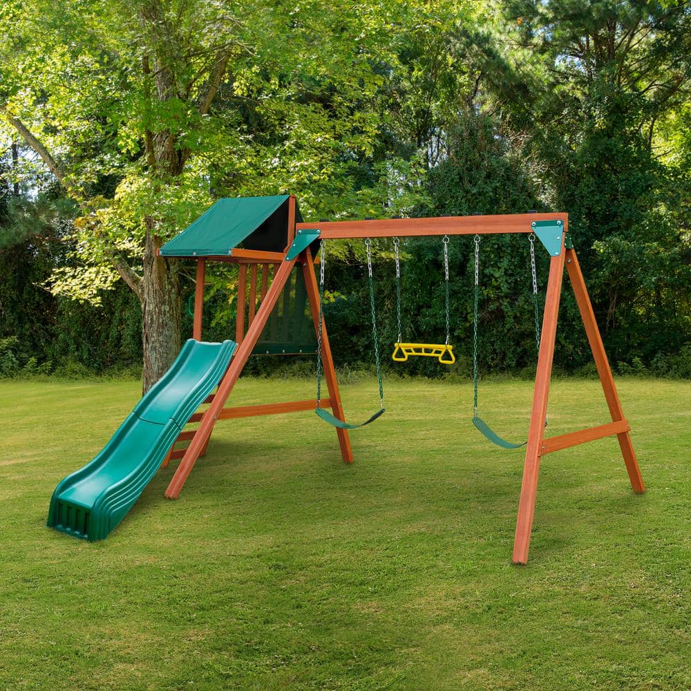 Ranger Plus Cedar Wooden Swing Set with Slide and Climbing Wall