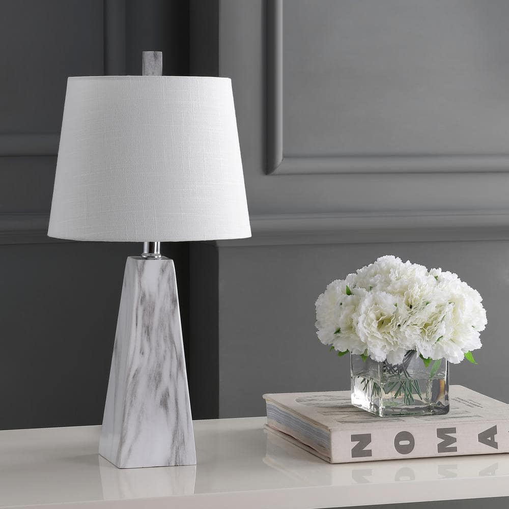 Elegant 20.5" White Marble-Effect Resin Table Lamp with Linen Shade