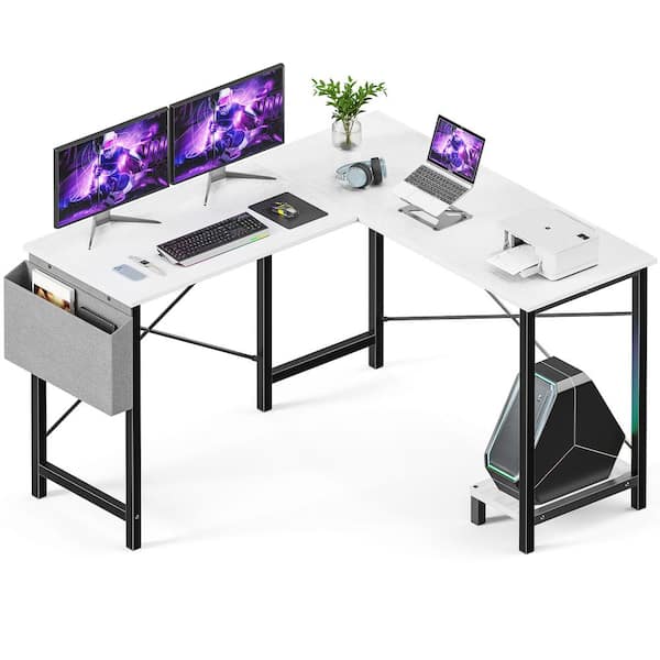 FIRNEWST 49 in. L-Shape White Wood Computer Desk with Storage Bag and CPU Storage Shelf