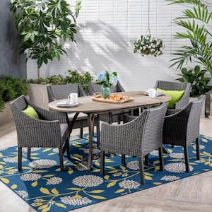 Vermont Gray 7-Piece Wood and Faux Rattan Outdoor Dining Set with Gray Cushions