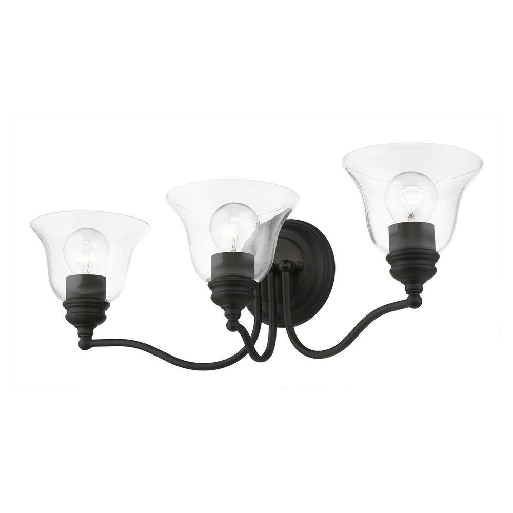 Moreland Transitional 3-Light Vanity Sconce in Black with Hand Blown Glass