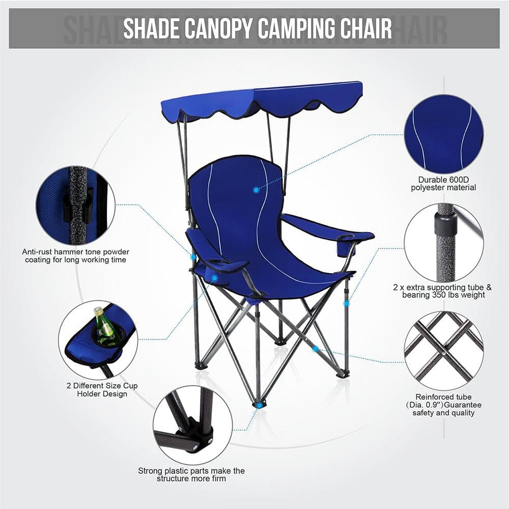Blue Portable Folding Camping Chair with Canopy and Cup Holders
