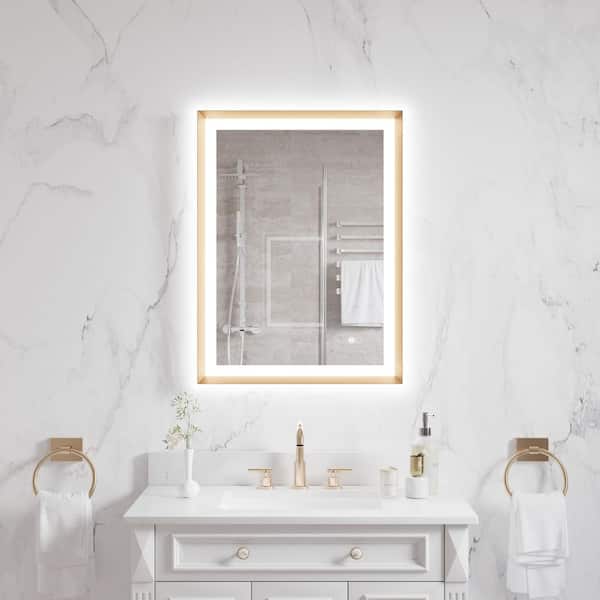 24 in. W x 32 in. H Rectangular Framed Anti-Fog Dimmable Wall Bathroom Vanity Mirror in Brushed Gold