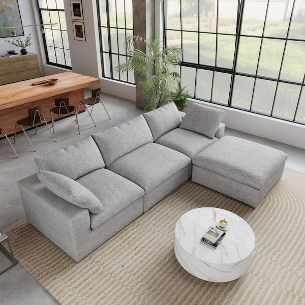 118.02 in. Square Arm 4-Piece Linen Down Modular Free Combination Sectional Sofa with Storage Ottoman in. Gray