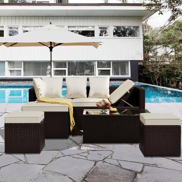 SunFurnn Brown 5-Piece PE Rattan Wicker Outdoor Furniture Sectional Sofa Set With Beige Cushion