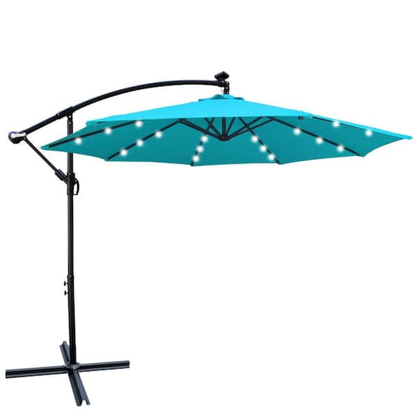 Tidoin 10 ft. Steel Market Solar Tilt Patio Umbrella in Turquoise with LED Light and Cross Base