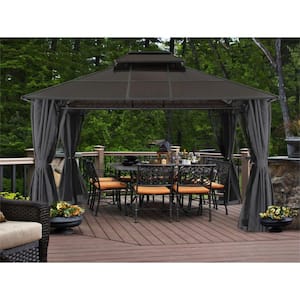 10 ft. x 12 ft. Aluminum Patio Gazebo Double Vented Roof Polycarbonate Hardtop with Mosquito Netting and Privacy Curtain