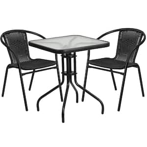 3-Piece Glass Square Outdoor Bistro Set in Clear/Black