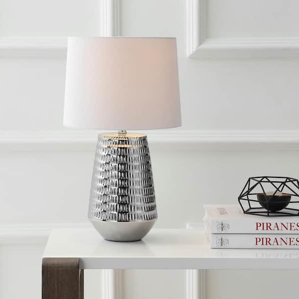 Stark 18 in. Silver Plated Textured Table Lamp with Off-White Shade