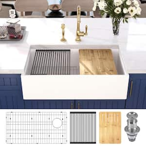 Gritty White 33 in. Farmhouse Apron Front Single Bowl Concrete Workstation Kitchen Sink with Accessories