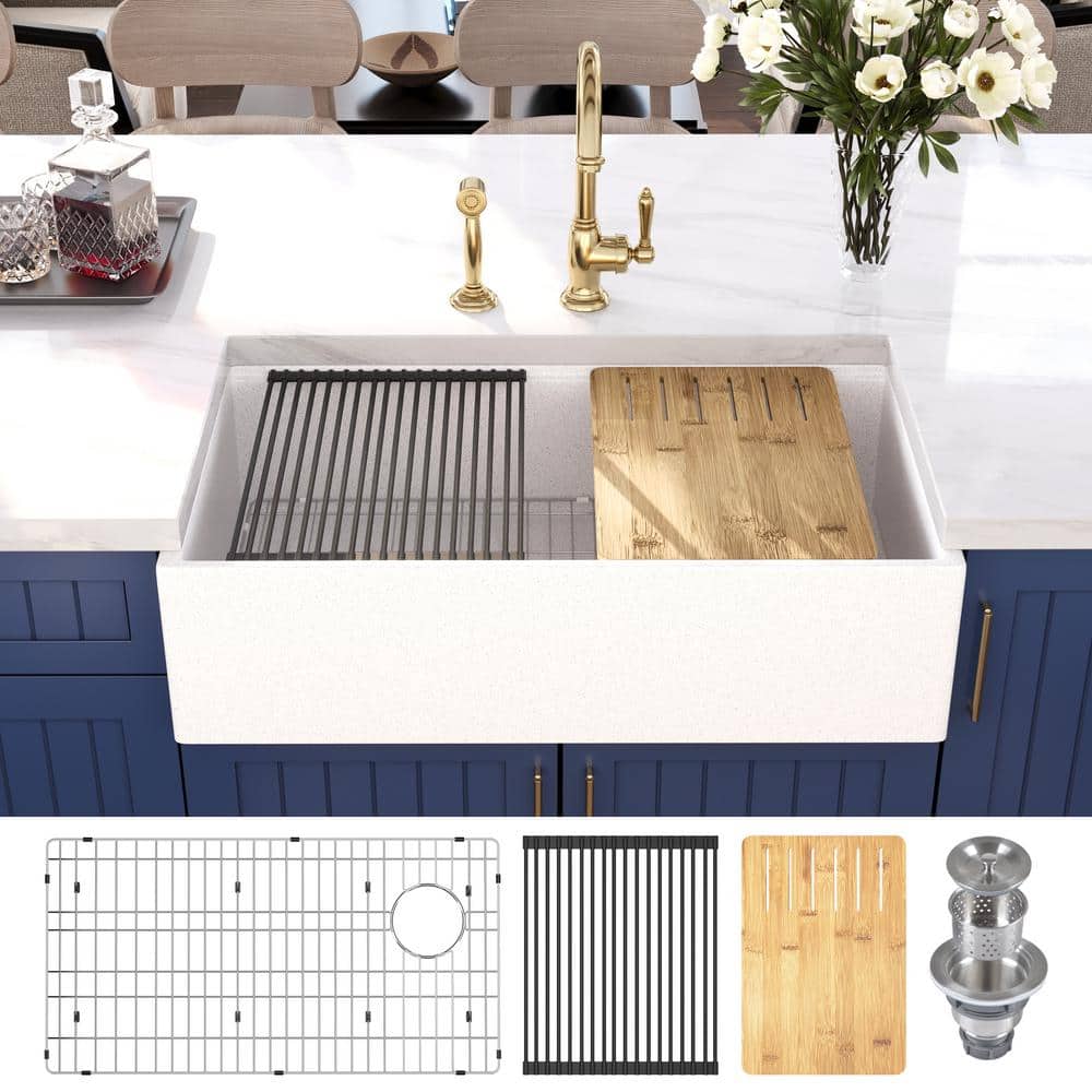 33" Gritty White Stainless Steel Farmhouse Workstation Sink