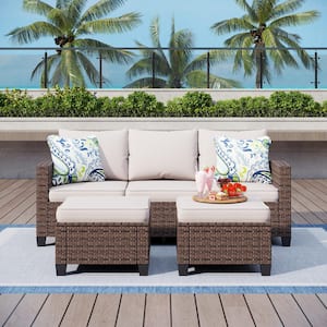Brown Rattan Wicker 5 Seat 3-Piece Steel Outdoor Patio Conversation Set with Beige Cushions and 2 Ottomans