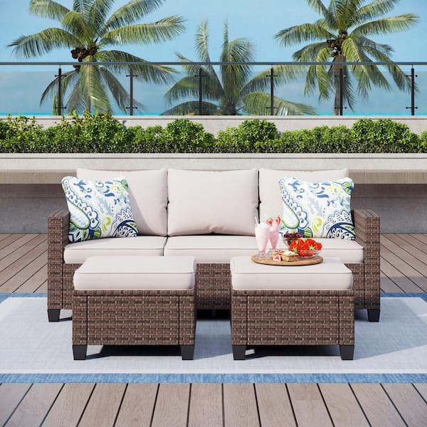 PHI VILLA Brown Rattan Wicker 5 Seat 3-Piece Steel Outdoor Patio ...