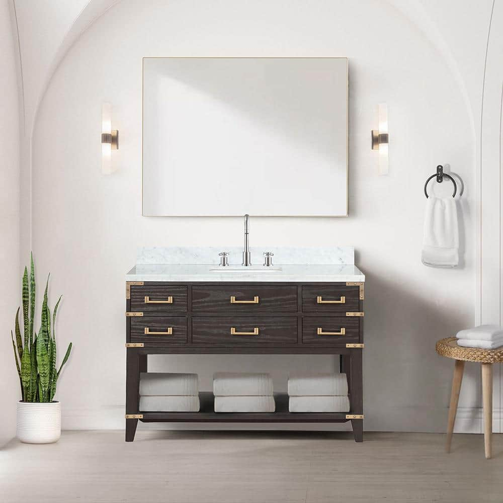 Irvington 48 in W x 22 in D Brown Oak Single Bath Vanity, Carrara Marble Top, and 46 in Mirror -  Lexora, LVI48SK110