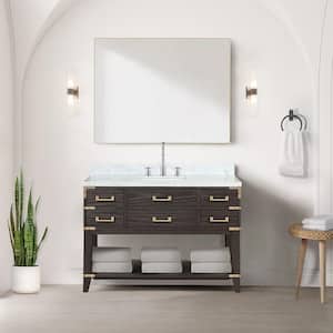 Irvington 48 in W x 22 in D Brown Oak Single Bath Vanity, Carrara Marble Top, and 46 in Mirror