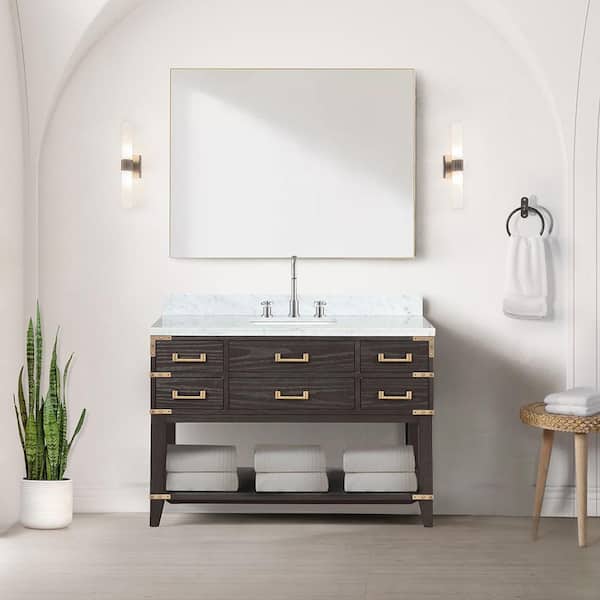 Lexora Irvington 48 in W x 22 in D Brown Oak Single Bath Vanity, Carrara Marble Top, and 46 in Mirror
